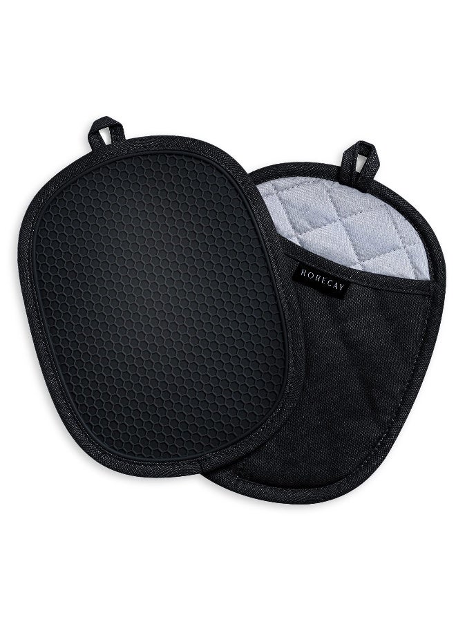 rorecay 2-Pack Silicone Pot Holders for Kitchen Heat Resistant up to 500°F, Non-Slip Large Hot Pads with Pocket, Quilted Liner Trivets for Countertops Hot Pots and Pans (Black) - Image 1